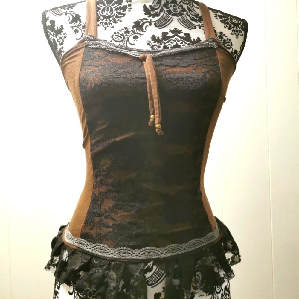 Timjan Design Bamboo Knit & Lace Corset Style Festival Top, Extra Small/Small